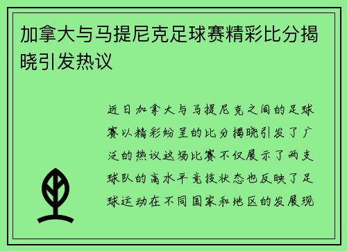 加拿大与马提尼克足球赛精彩比分揭晓引发热议
